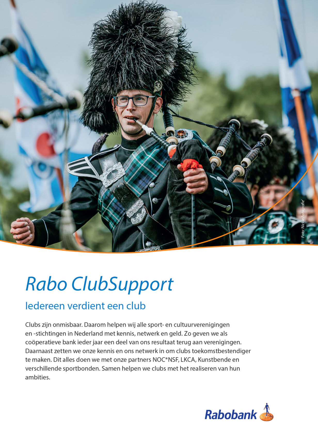Rabo Clubsupport flyer met doedelzakband Graham Lowlanders Pipes and Drums.